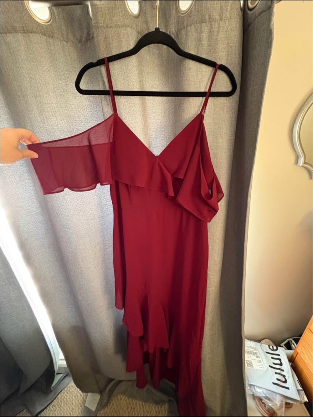 Lulu’s Off-Shoulder Burgundy High-Low Ruffle Dress